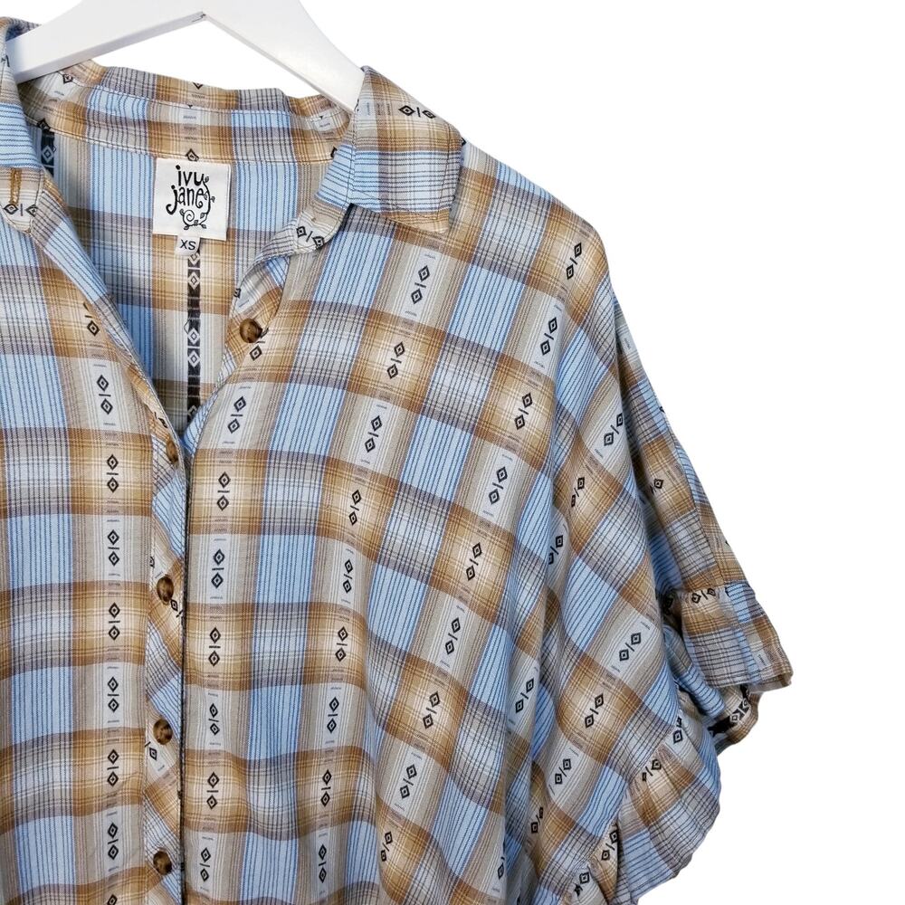 IVY JANE Ruffle Sleeve Oversize Plaid Hi Low Shirt Blue Tan XS - Picture 4 of 6